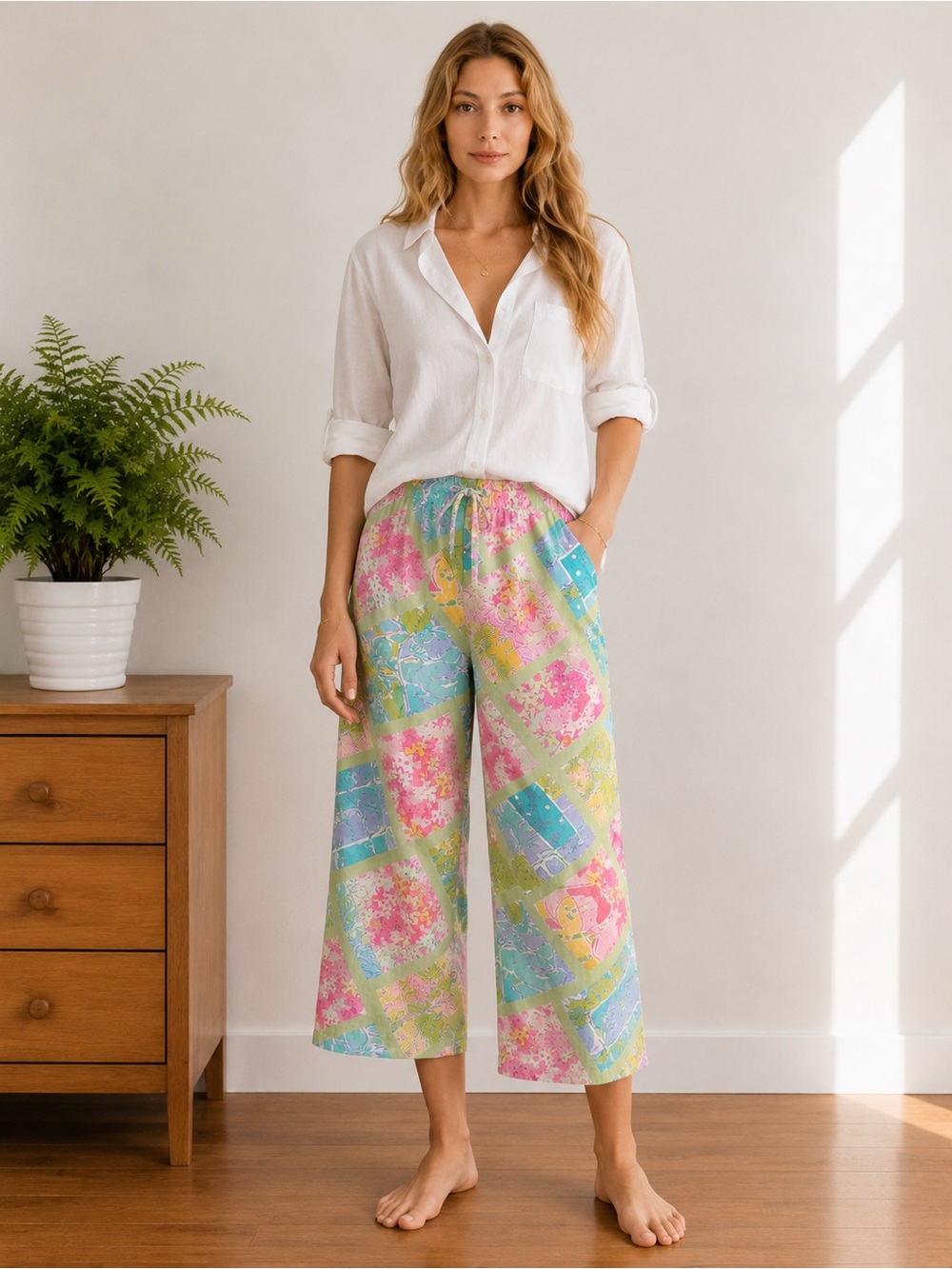 Vintage Lilly Pulitzer Wide-Leg Crop Pants in Pastel Multi Size Small